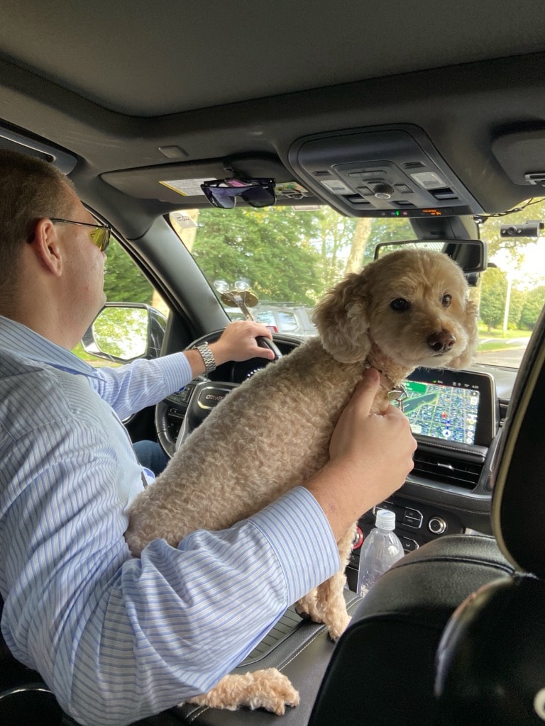 Chauffeur holding a poodle inside the Legacy Limousine GMC Yukon — pet friendly luxury transportation